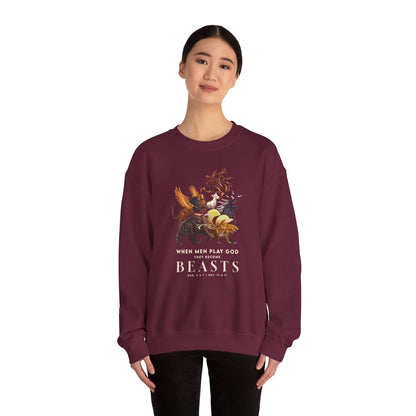 Crewneck Sweatshirt — 'When Men Play God' Beasts Graphic with 'Follow the Lamb' Back Text
