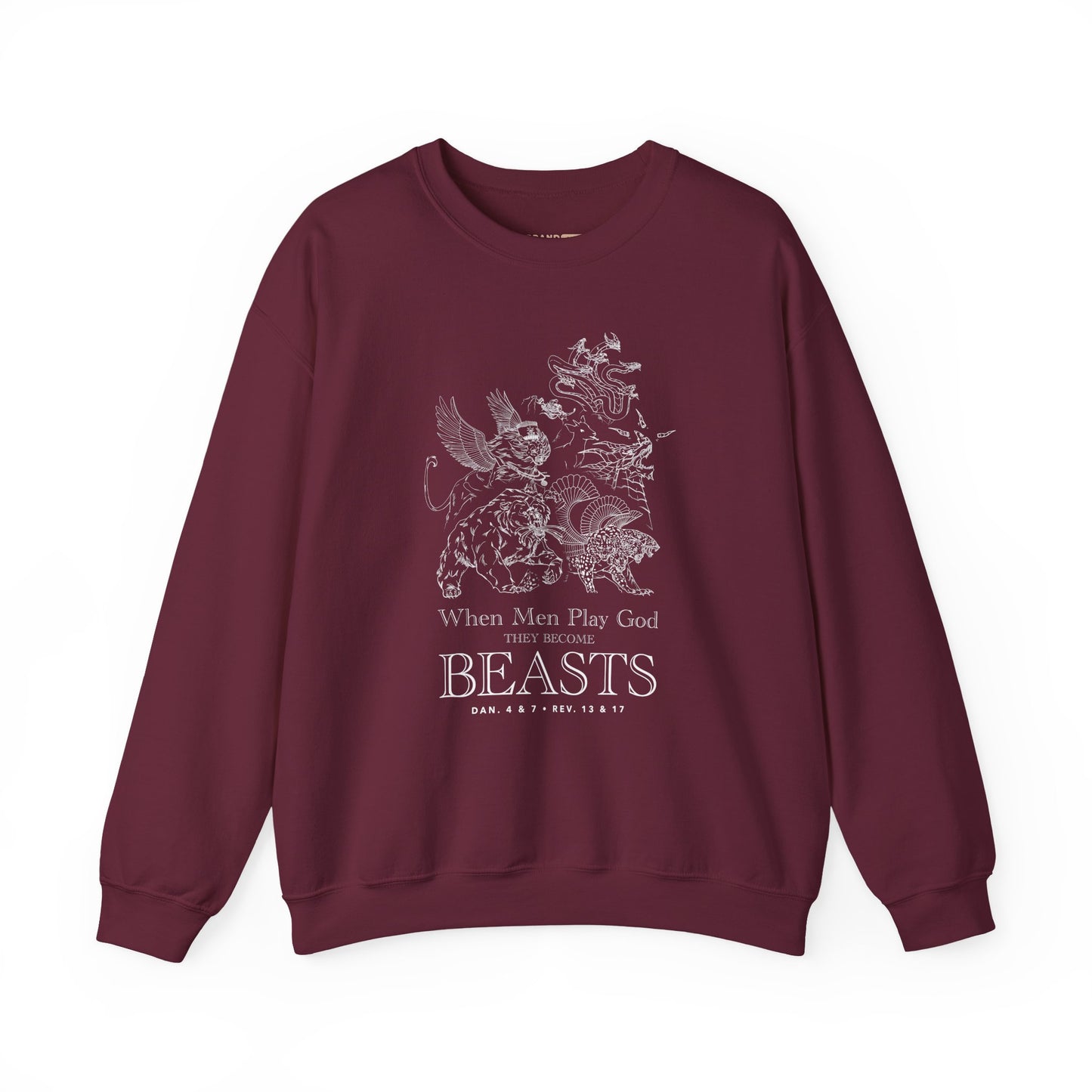 Crewneck Sweatshirt — 'When Men Play God' Beasts Linework Graphic with 'Follow the Lamb' Back Text