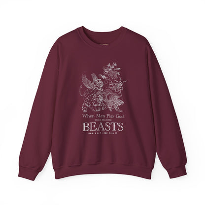 Crewneck Sweatshirt — 'When Men Play God' Beasts Linework Graphic with 'Follow the Lamb' Back Text