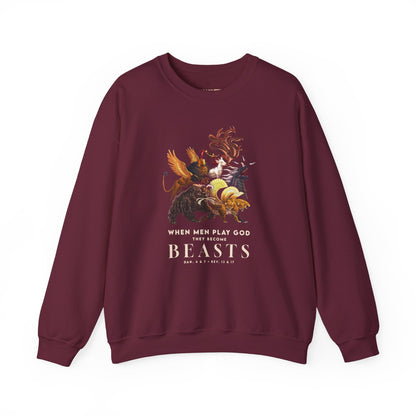 Crewneck Sweatshirt — 'When Men Play God' Beasts Graphic with 'Follow the Lamb' Back Text