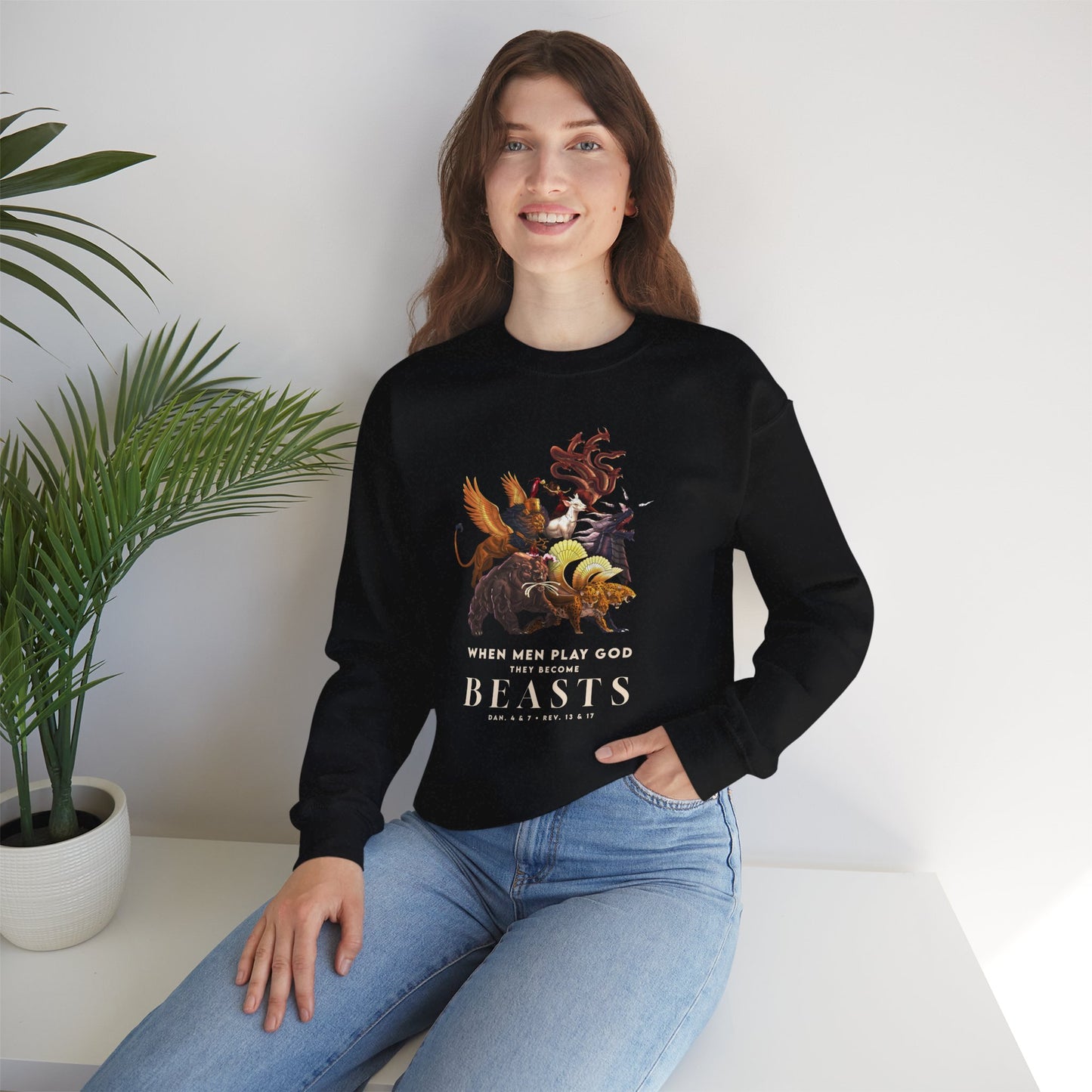 Crewneck Sweatshirt — 'When Men Play God' Beasts Graphic with 'Follow the Lamb' Back Text