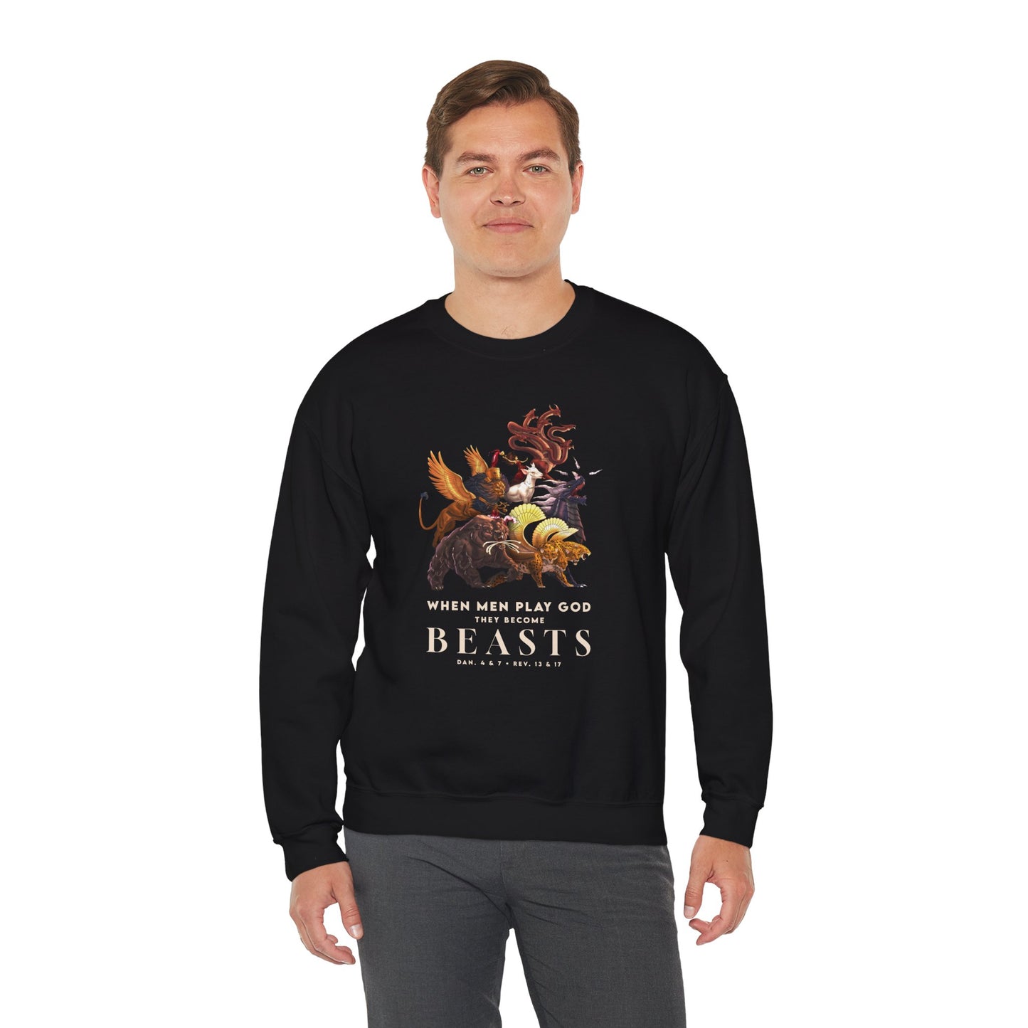 Crewneck Sweatshirt — 'When Men Play God' Beasts Graphic with 'Follow the Lamb' Back Text