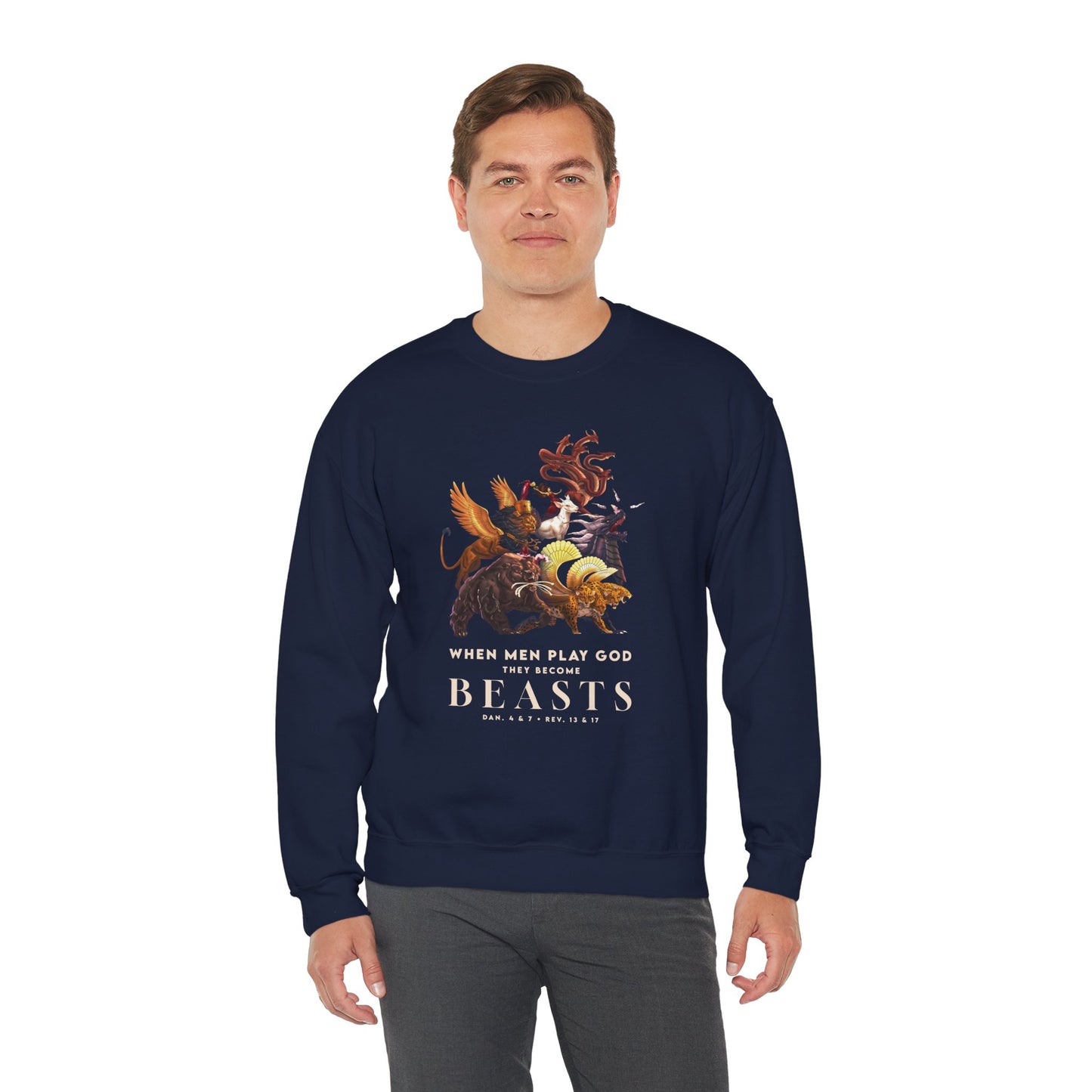 Crewneck Sweatshirt — 'When Men Play God' Beasts Graphic with 'Follow the Lamb' Back Text