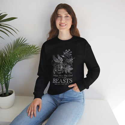 Crewneck Sweatshirt — 'When Men Play God' Beasts Linework Graphic with 'Follow the Lamb' Back Text