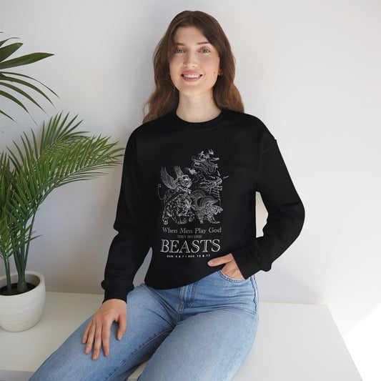 Crewneck Sweatshirt — 'When Men Play God' Beasts Linework Graphic with 'Follow the Lamb' Back Text