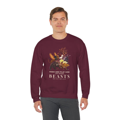 Crewneck Sweatshirt — 'When Men Play God' Beasts Graphic with 'Follow the Lamb' Back Text