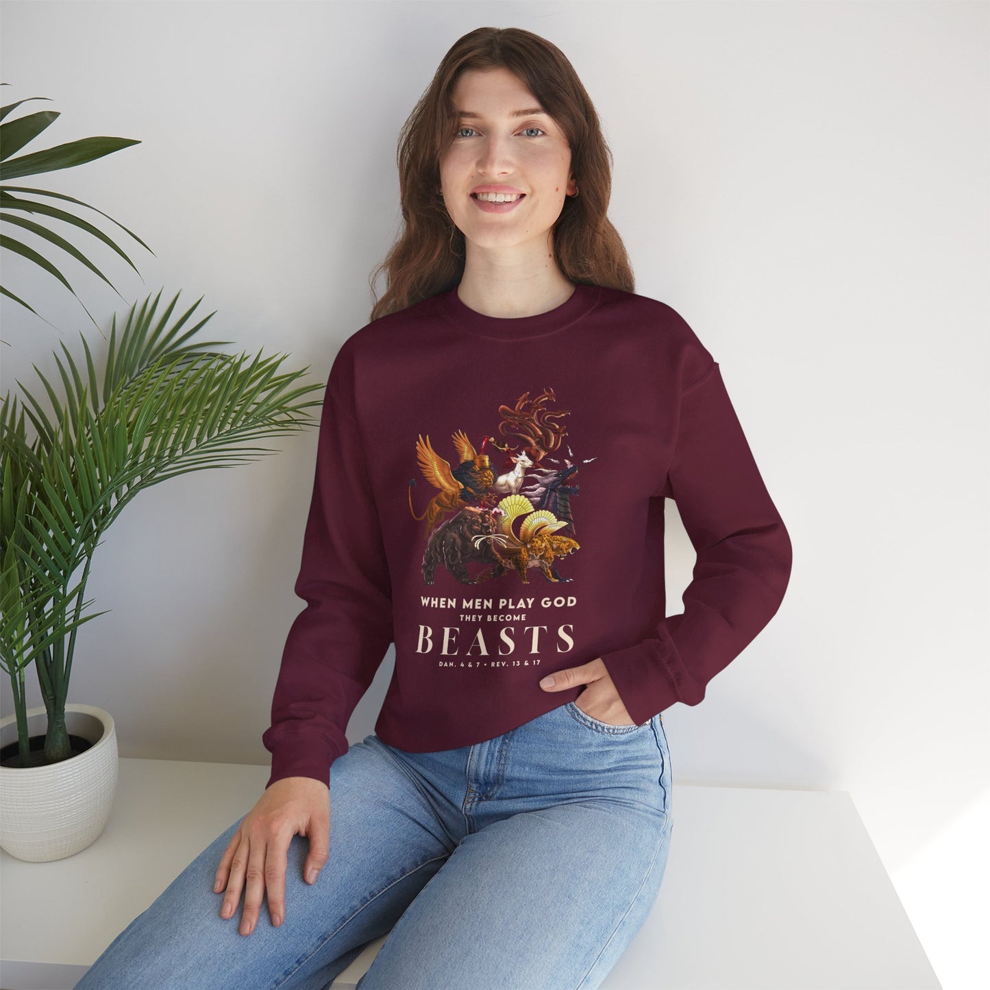 Crewneck Sweatshirt — 'When Men Play God' Beasts Graphic with 'Follow the Lamb' Back Text
