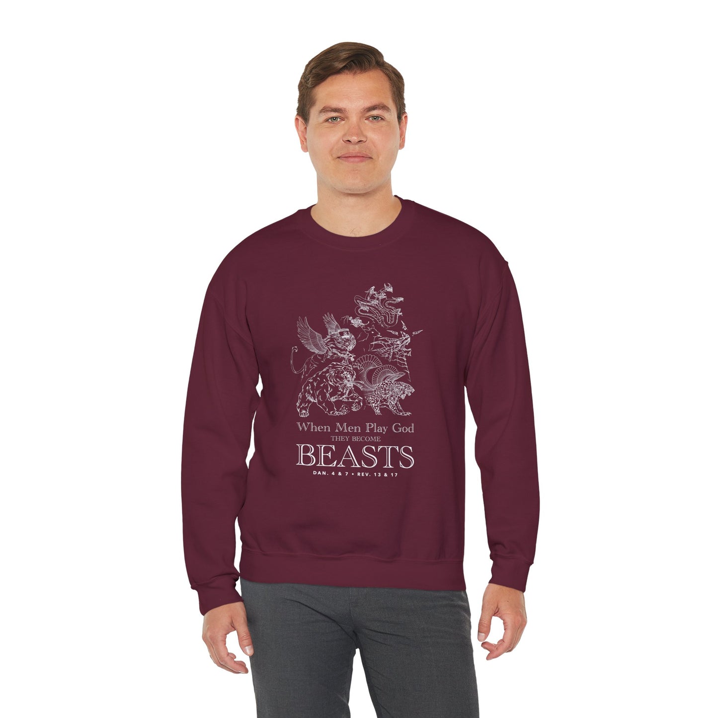 Crewneck Sweatshirt — 'When Men Play God' Beasts Linework Graphic with 'Follow the Lamb' Back Text
