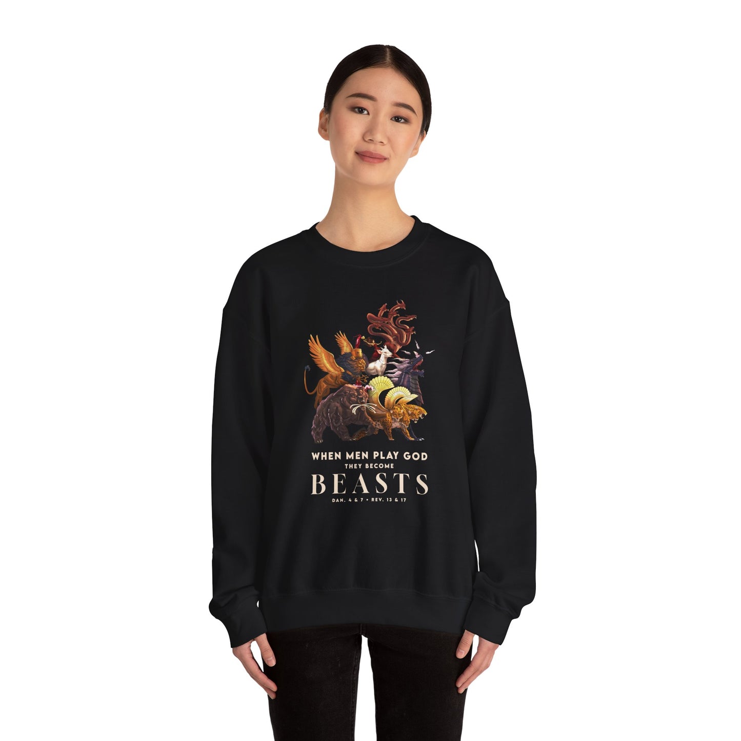 Crewneck Sweatshirt — 'When Men Play God' Beasts Graphic with 'Follow the Lamb' Back Text