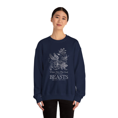 Crewneck Sweatshirt — 'When Men Play God' Beasts Linework Graphic with 'Follow the Lamb' Back Text