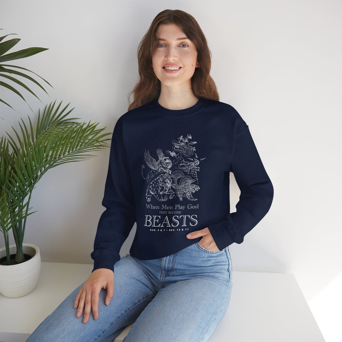 Crewneck Sweatshirt — 'When Men Play God' Beasts Linework Graphic with 'Follow the Lamb' Back Text