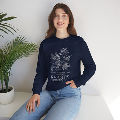 Crewneck Sweatshirt — 'When Men Play God' Beasts Linework Graphic with 'Follow the Lamb' Back Text