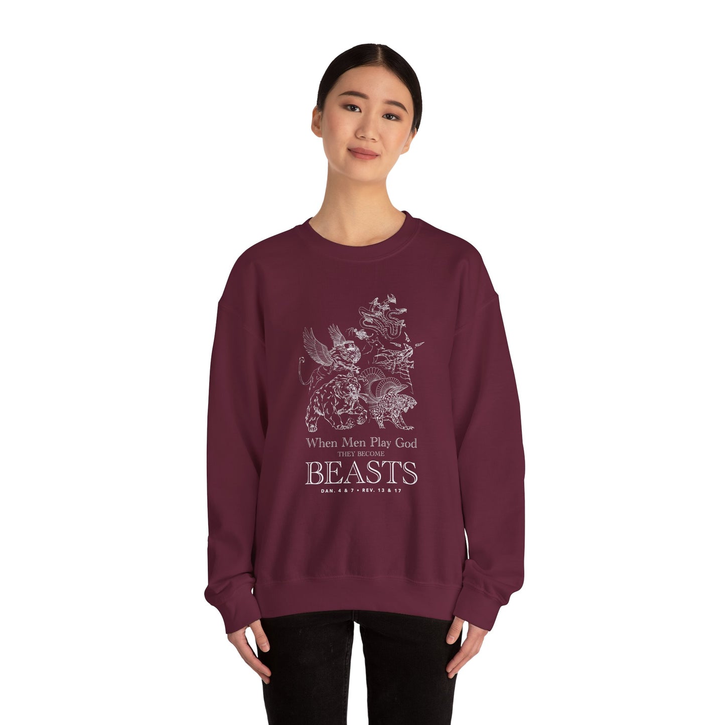 Crewneck Sweatshirt — 'When Men Play God' Beasts Linework Graphic with 'Follow the Lamb' Back Text
