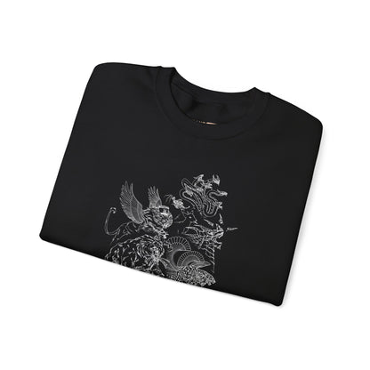 Crewneck Sweatshirt — 'When Men Play God' Beasts Linework Graphic with 'Follow the Lamb' Back Text