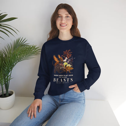 Crewneck Sweatshirt — 'When Men Play God' Beasts Graphic with 'Follow the Lamb' Back Text