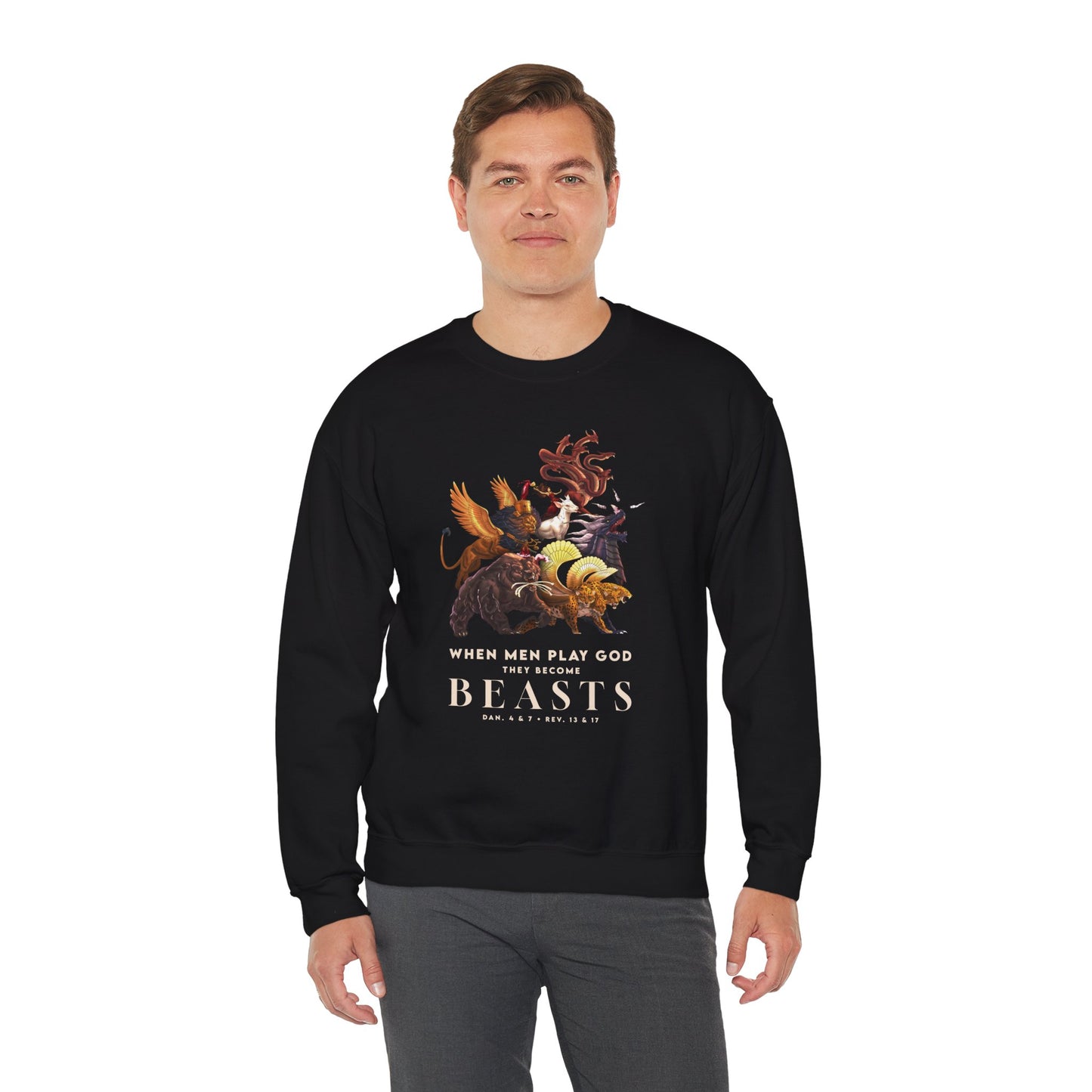 Crewneck Sweatshirt — 'When Men Play God' Beasts Graphic with 'Follow the Lamb' Back Text