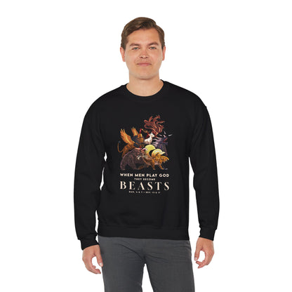 Crewneck Sweatshirt — 'When Men Play God' Beasts Graphic with 'Follow the Lamb' Back Text