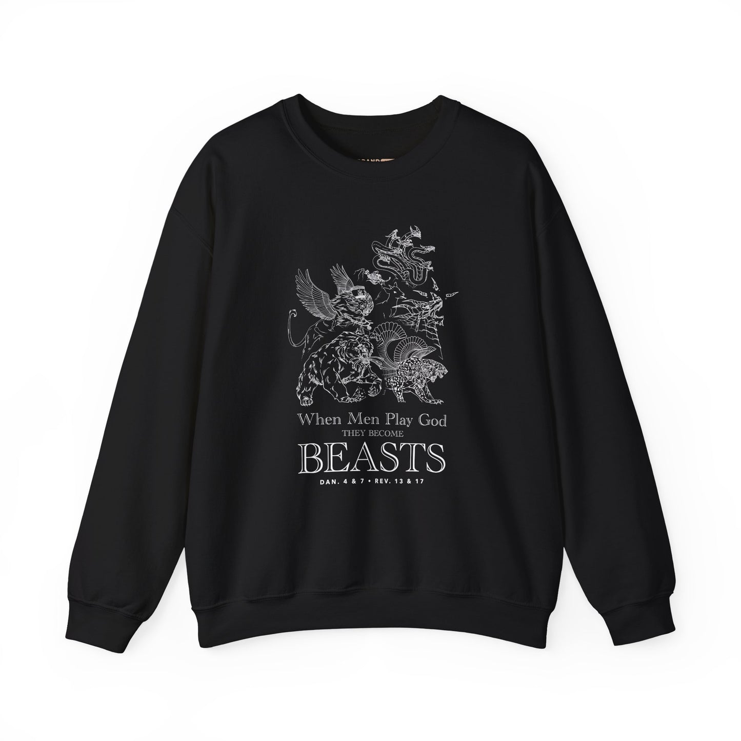 Crewneck Sweatshirt — 'When Men Play God' Beasts Linework Graphic with 'Follow the Lamb' Back Text