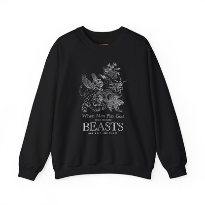 Crewneck Sweatshirt — 'When Men Play God' Beasts Linework Graphic with 'Follow the Lamb' Back Text