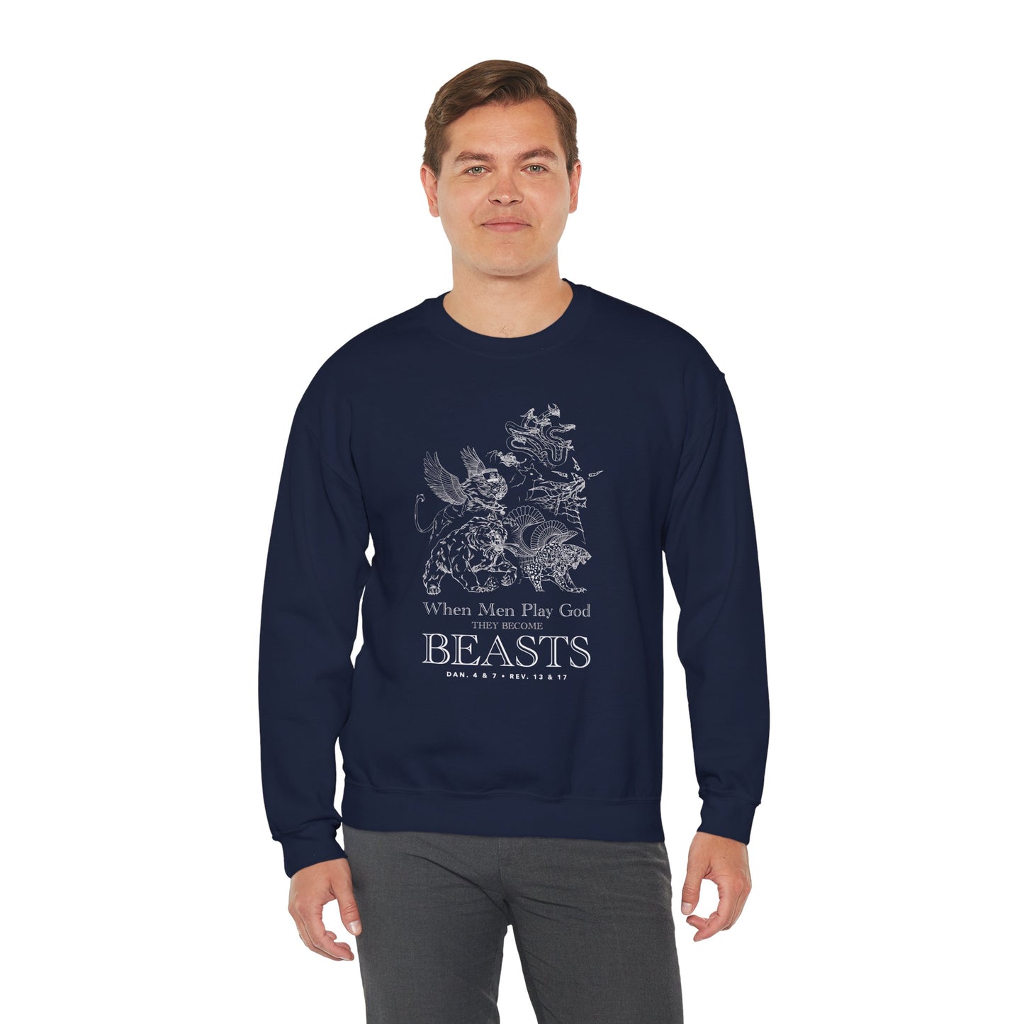 Crewneck Sweatshirt — 'When Men Play God' Beasts Linework Graphic with 'Follow the Lamb' Back Text