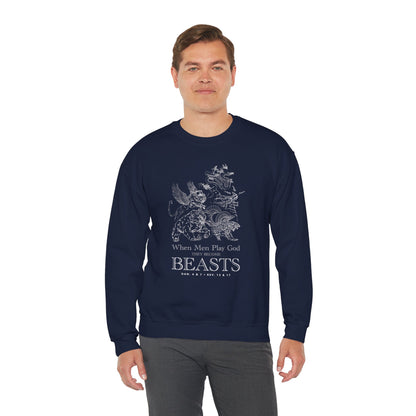 Crewneck Sweatshirt — 'When Men Play God' Beasts Linework Graphic with 'Follow the Lamb' Back Text