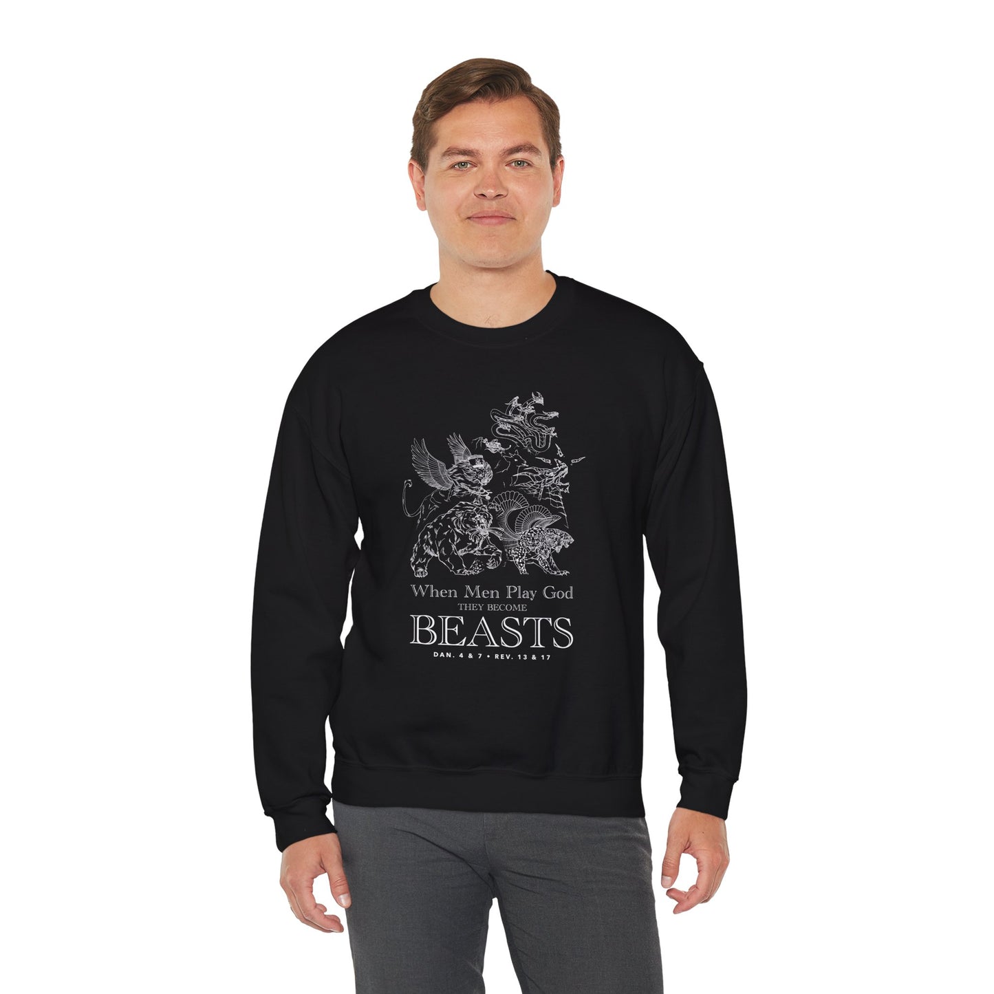 Crewneck Sweatshirt — 'When Men Play God' Beasts Linework Graphic with 'Follow the Lamb' Back Text