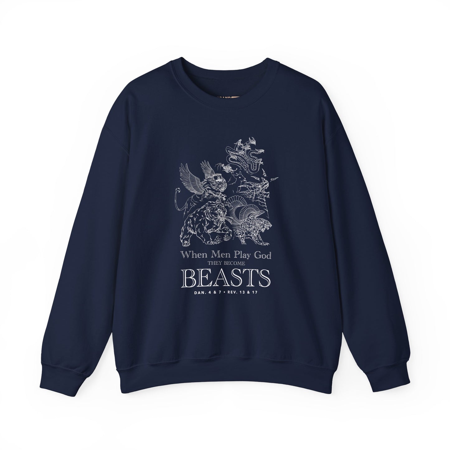 Crewneck Sweatshirt — 'When Men Play God' Beasts Linework Graphic with 'Follow the Lamb' Back Text