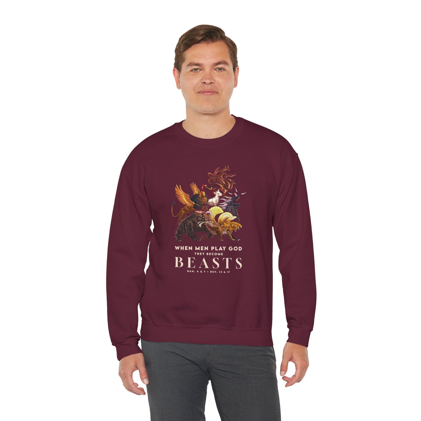 Crewneck Sweatshirt — 'When Men Play God' Beasts Graphic with 'Follow the Lamb' Back Text