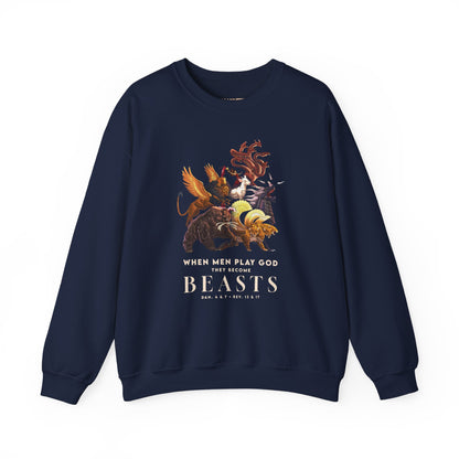 Crewneck Sweatshirt — 'When Men Play God' Beasts Graphic with 'Follow the Lamb' Back Text