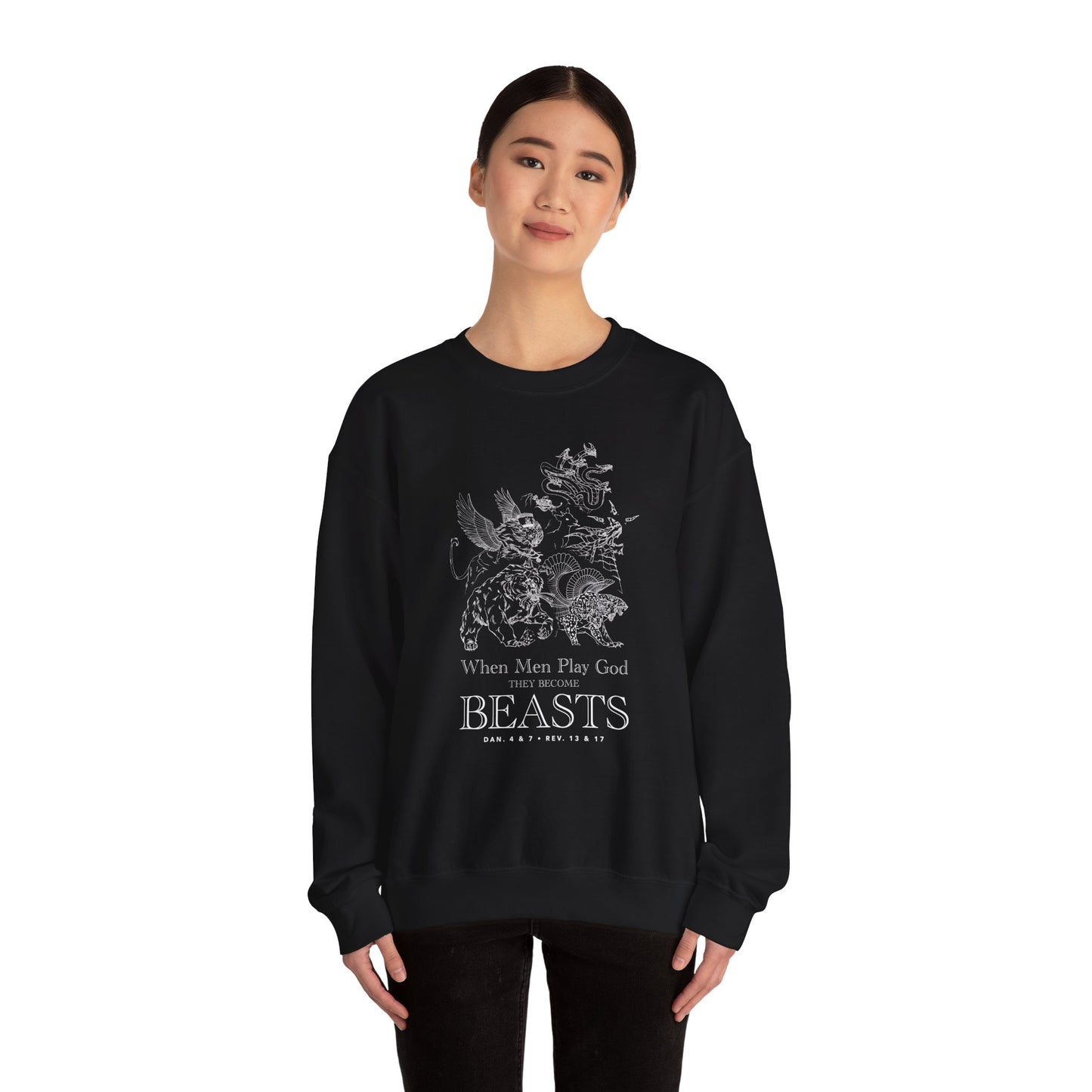 Crewneck Sweatshirt — 'When Men Play God' Beasts Linework Graphic with 'Follow the Lamb' Back Text