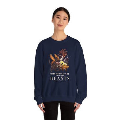 Crewneck Sweatshirt — 'When Men Play God' Beasts Graphic with 'Follow the Lamb' Back Text